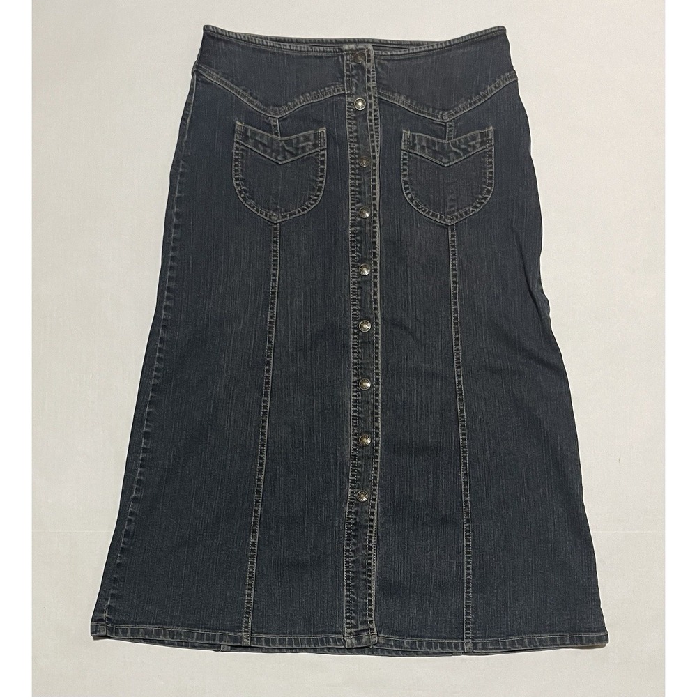 KIKIT Denim Jean Skirt Dark Blue A-Line Long Maxi Size‎ 10 Button Front Y2k Midi